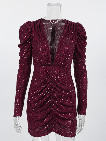 Sparkly Sequin Mini Dress For Women - Sexy Deep V Neck Long Sleeve Ruched Bodycon - Spring Cocktail Party Clubwear 2026