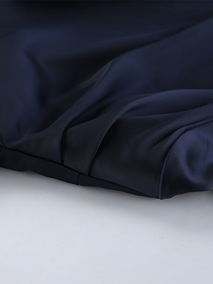 Navy Blue Satin Mini Dress For Women - Elegant Ruched Stand Collar Flare Sleeve - Spring Cocktail Party 2026