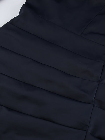 Navy Blue Satin Mini Dress For Women - Elegant Ruched Stand Collar Flare Sleeve - Spring Cocktail Party 2026