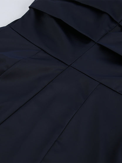 Navy Blue Satin Mini Dress For Women - Elegant Ruched Stand Collar Flare Sleeve - Spring Cocktail Party 2026