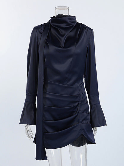 Navy Blue Satin Mini Dress For Women - Elegant Ruched Stand Collar Flare Sleeve - Spring Cocktail Party 2026