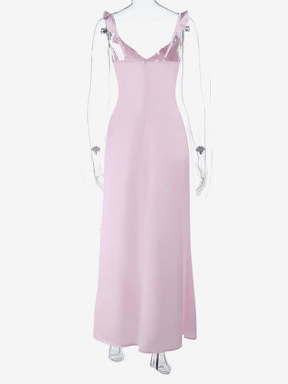 Baby Pink Women Maxi Dress - Elegant Ruffle V-Neck Tie Front Slip - Coquette Aesthetic Summer Vacation Beach Dress 2026