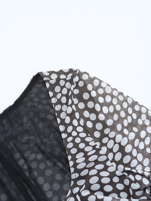 Polka Dot Mesh Women Maxi Dress - Retro Square Neck Long Sleeve Bodycon - French Chic Spring Vacation 2026
