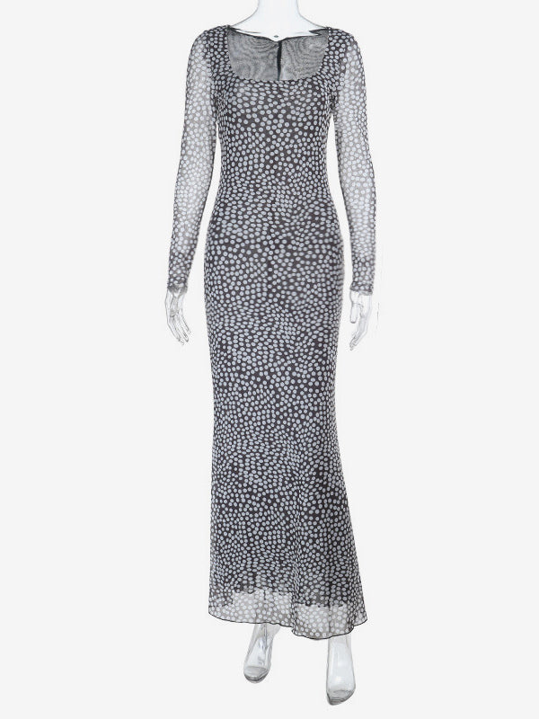 Polka Dot Mesh Women Maxi Dress - Retro Square Neck Long Sleeve Bodycon - French Chic Spring Vacation 2026