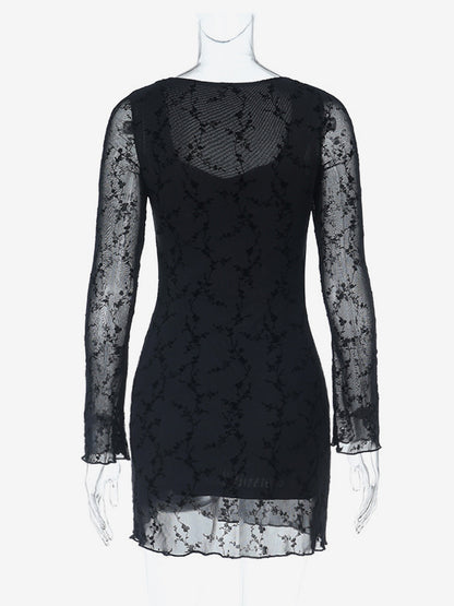 Vintage Floral Lace Women Bodycon Mini Dress - Sexy Sheer Long Sleeve Square Neck - Coquette Aesthetic Spring Date Night 2026
