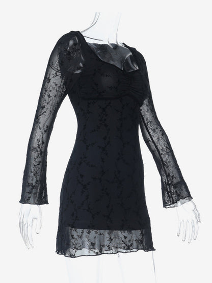 Vintage Floral Lace Women Bodycon Mini Dress - Sexy Sheer Long Sleeve Square Neck - Coquette Aesthetic Spring Date Night 2026