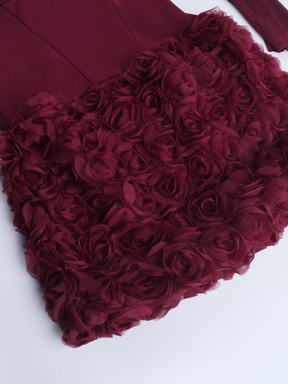 3D Rose Petal Hem Burgundy Women Mini Dress - Romantic Bodycon Dress With Scarf - Coquette Aesthetic Summer Party Outfit 2026