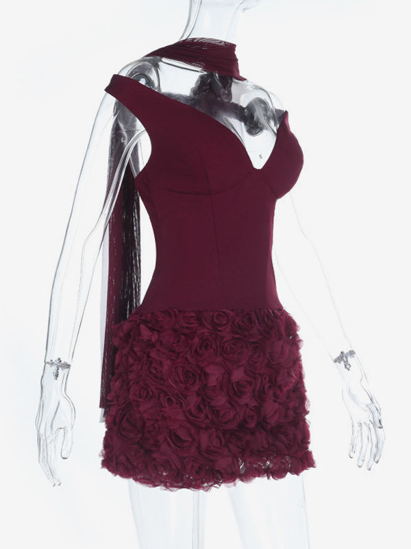 3D Rose Petal Hem Burgundy Women Mini Dress - Romantic Bodycon Dress With Scarf - Coquette Aesthetic Summer Party Outfit 2026
