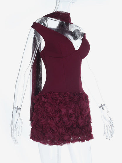 3D Rose Petal Hem Burgundy Women Mini Dress - Romantic Bodycon Dress With Scarf - Coquette Aesthetic Summer Party Outfit 2026
