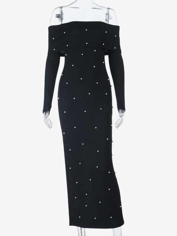 Off Shoulder Women's Maxi Dress - Elegant Pearl Beaded Back Slit Black Bodycon - Spring Party Wear 2026