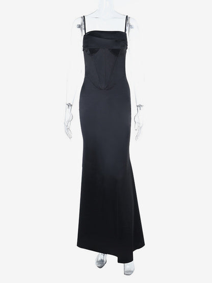 Spaghetti Strap Corset Maxi Dress For Women - Black Elegant Bodycon Gown - Spring Evening Wedding Guest 2026