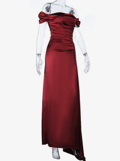 Off Shoulder Satin Maxi Dress For Women - Wine Red Elegant High Slit Ruched Gown - Spring Wedding Guest Party Wear 2026