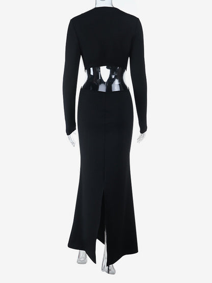 Ruffle V Neck Maxi Dress For Women - Black Elegant Backless Cut Out Bodycon Long Dress - Spring Evening Gown 2026