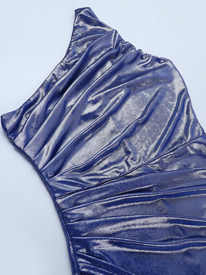 Metallic One-Shoulder Maxi Dress For Women - Royal Blue Ruched High Slit Slim Fit Gown - Spring Cocktail Party Wear 2026