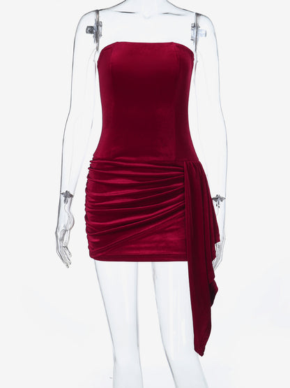 Ruched Velvet Bodycon Mini Dress For Women-Red Strapless Draped Side Sash -Spring Summer Cocktail Party Wear 2026