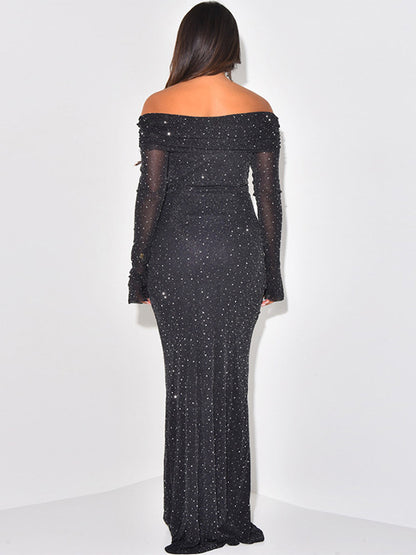 Glitter Off Shoulder Maxi Dress For Women - Sparkly Mesh Long Sleeve Mermaid Gown - Spring Gala Evening Party Outfits 2026