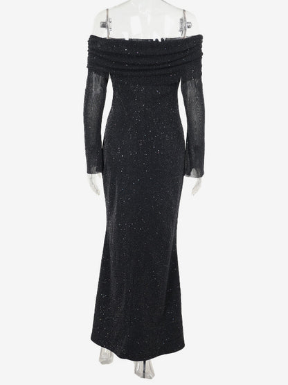 Glitter Off Shoulder Maxi Dress For Women - Sparkly Mesh Long Sleeve Mermaid Gown - Spring Gala Evening Party Outfits 2026