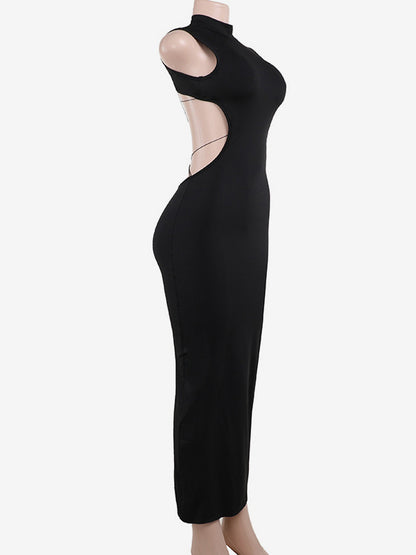 Backless Maxi Dress For Women - Butterfly Detail Mock Neck Black Bodycon Long Dress - Summer Night Out Clubwear 2026