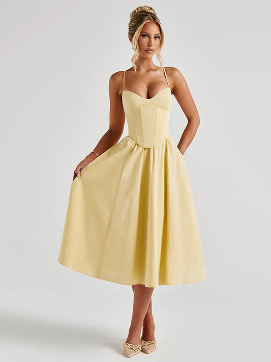 Corset Style Midi Dress Women - Cottagecore Spaghetti Strap Sundress - Summer Garden Wedding Guest Dress 2026