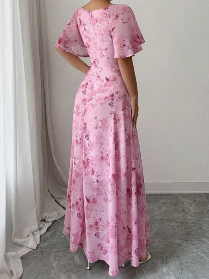 Butterfly Print Women's Chiffon Maxi Dress - Ruched Bust Flutter Sleeve Date Night Dress - Summer Garden Wedding Guest 2026