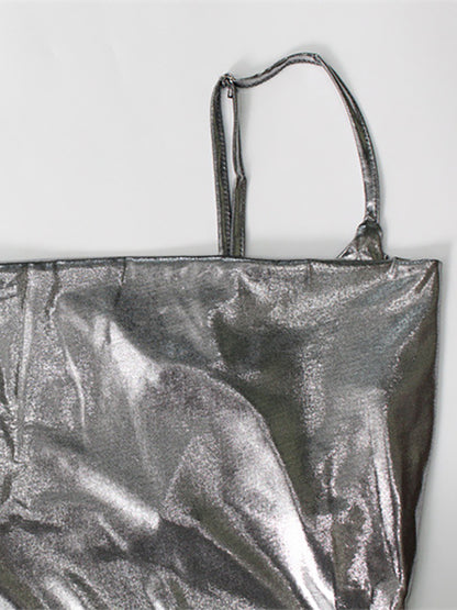 Metallic Cowl Neck Slip Dress For Women - Silver Sexy Cut Out Back Asymmetrical Midi Slit Dress - Summer Night Club Party 2026