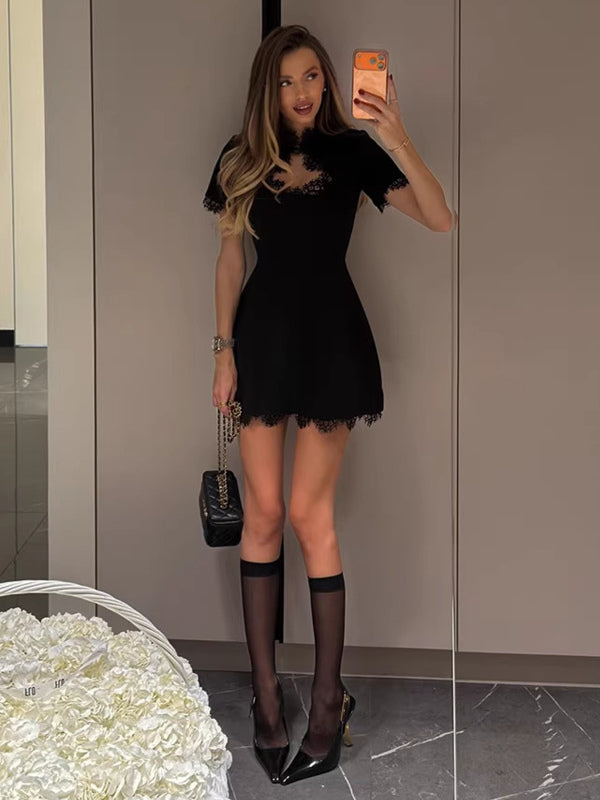 Lace Trim Keyhole Mini Dress For Women - Black Elegant High Neck Short Sleeve A-Line Dress - Spring Birthday Party 2026
