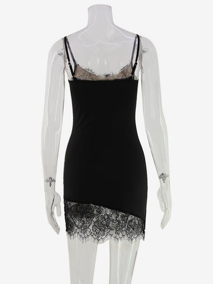 Lace Trim Slip Dress For Women - Black Y2K Aesthetic Sleeveless Bodycon Mini Dress - Summer Night Out Partywear 2026