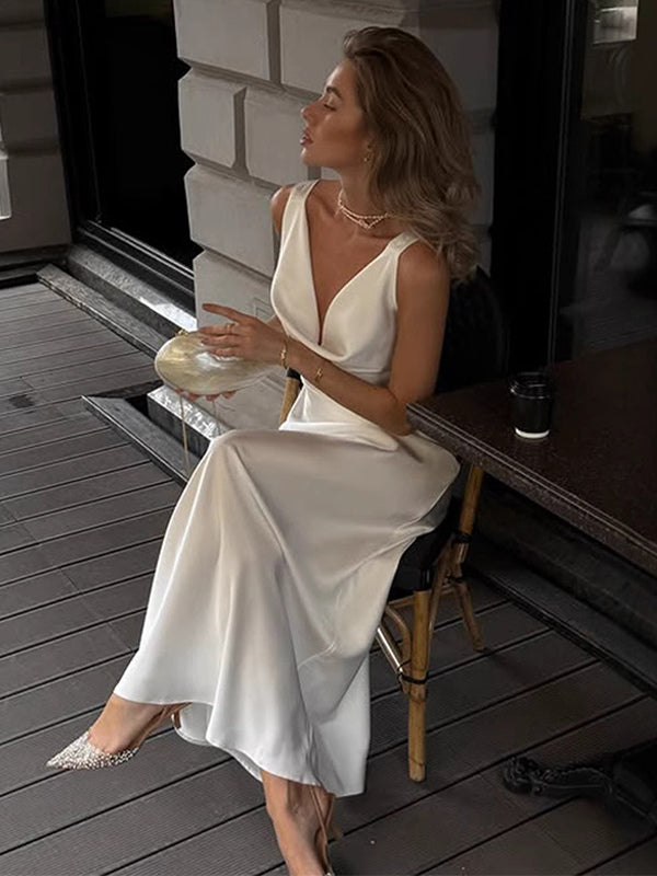 White Satin Women Maxi Dress - Elegant Silk Style Cowl Neck Backless Sleeveless Gown - Summer Evening Party Prom 2026