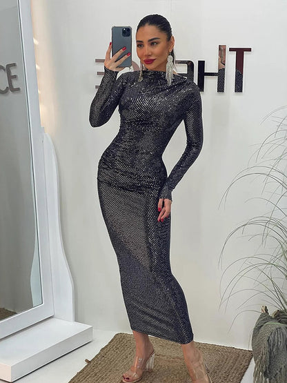 Shimmery Sequin Ruched Maxi Dress For Women - Black Boat Neck Long Sleeve Bodycon Gown - Spring Gala Party 2026