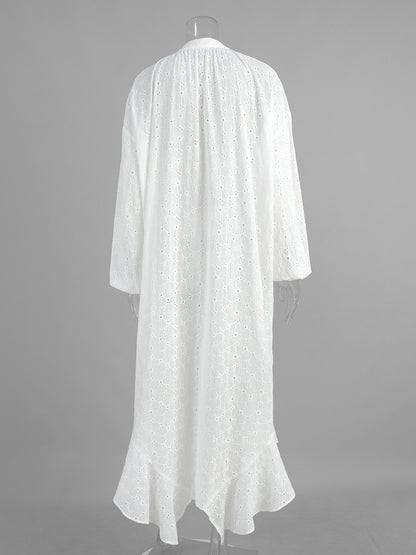 Eyelet Embroidery Maxi Dress For Women - White Boho V-Neck Oversized Ruffle Hem Kaftan - Summer Beach Vacation 2026