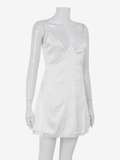 Satin Lace Trim Slip Dress For Women - White Sexy V-Neck Spaghetti Strap Mini Camisole - Summer Date Night 2026
