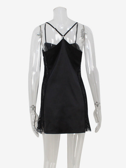 Satin Slip Mini Dress For Women - Sexy Black Sheer Lace Side Bodycon - Summer Night Out Clubwear 2026