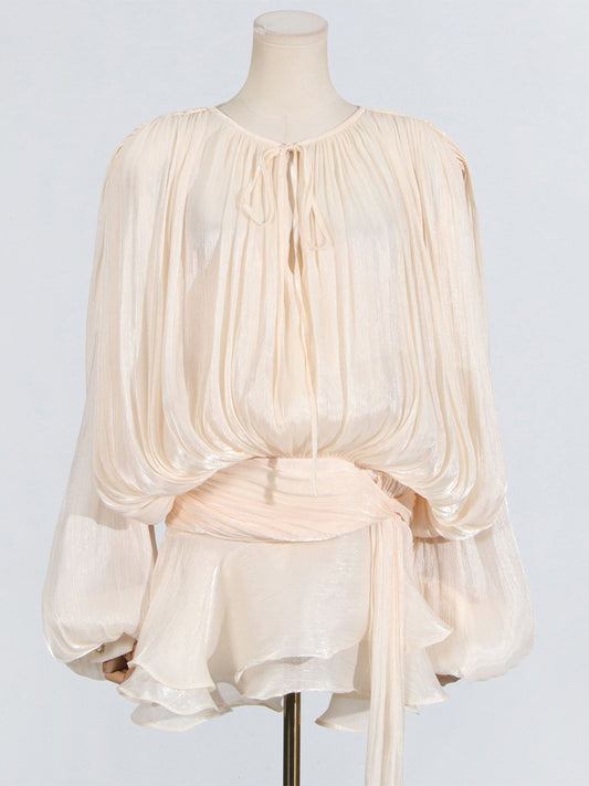 Lantern Sleeve Mini Dress For Women - Pleated Tie Waist Fit Flare - Spring Party Cocktail Outfit 2026