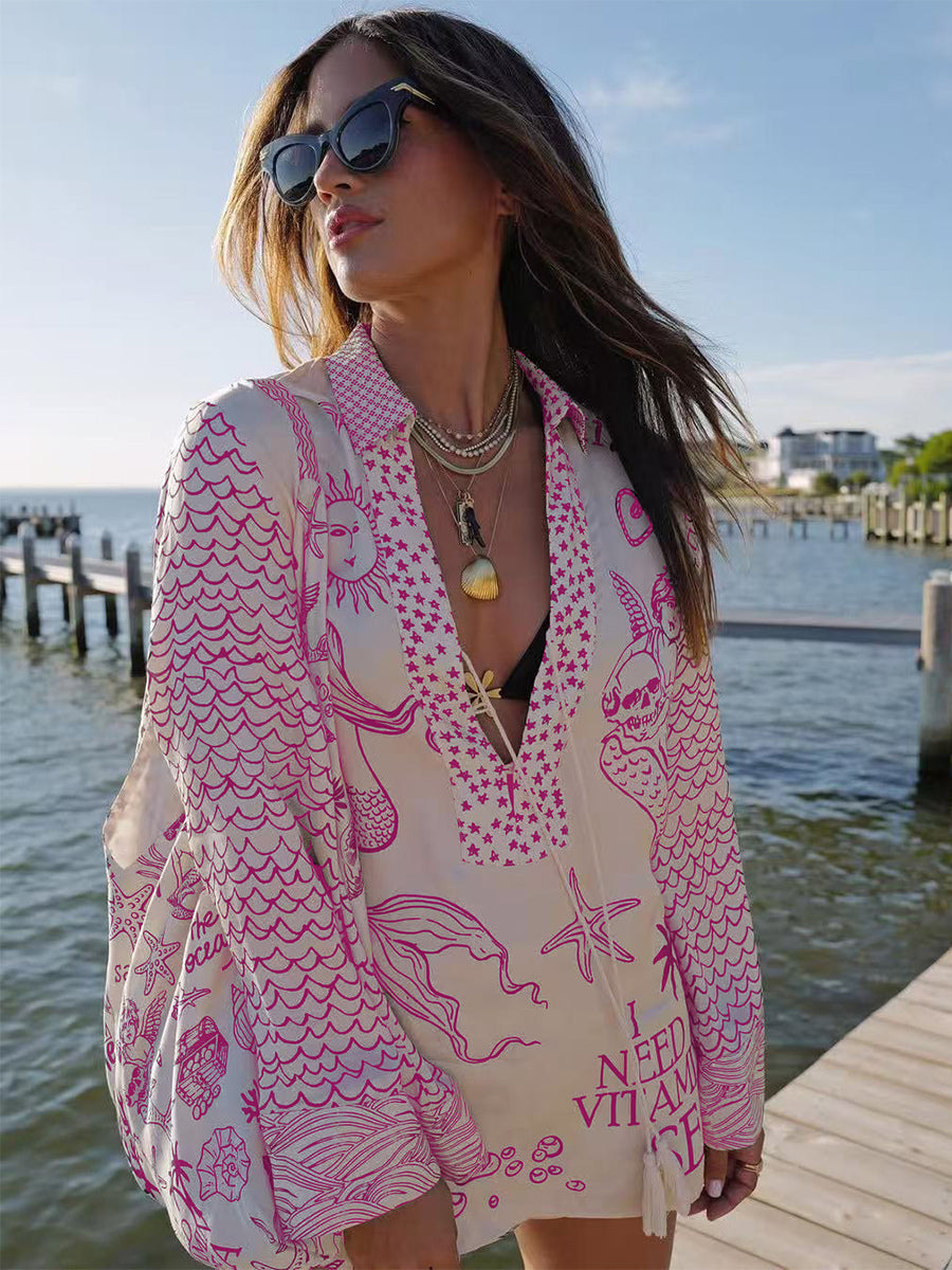 Satin Print Pajama Set For Women - Coastal Graphic V-Neck Long Sleeve Shirt And Shorts - Summer Cruise Party 2026