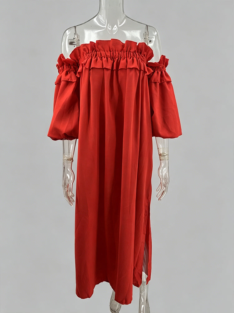 White Off Shoulder Long Dress For Women - Linen Cotton Boho Ruffle Lantern Sleeve Loose Beach Sundress - Summer Vacation 2026