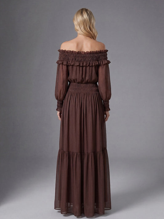 Boho Off-Shoulder Maxi Dress For Women - Brown Smocked Waist Ruffle Chiffon Tiered Long Sleeve Gown - Beach Date Night 2026