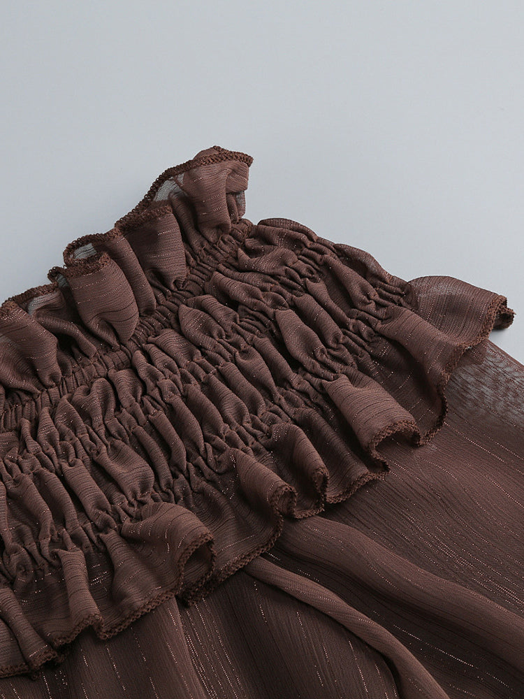 Boho Off-Shoulder Maxi Dress For Women - Brown Smocked Waist Ruffle Chiffon Tiered Long Sleeve Gown - Beach Date Night 2026