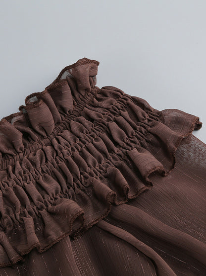 Boho Off-Shoulder Maxi Dress For Women - Brown Smocked Waist Ruffle Chiffon Tiered Long Sleeve Gown - Beach Date Night 2026