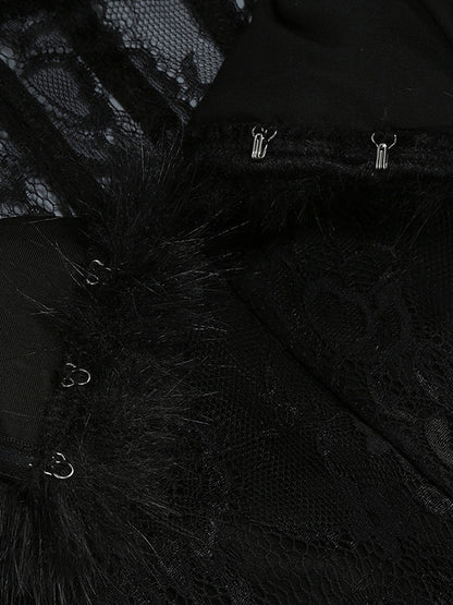 Sexy Faux Fur Lace Maxi Dress For Women - Black Strapless Corset Bodysuit Long Gown With Sheer Skirt - Summer Evening Party 2026