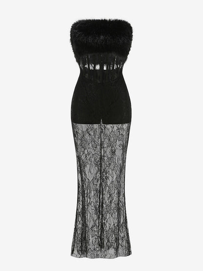 Sexy Faux Fur Lace Maxi Dress For Women - Black Strapless Corset Bodysuit Long Gown With Sheer Skirt - Summer Evening Party 2026