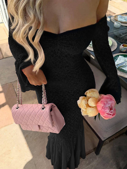 Lace Off Shoulder Maxi Dress For Women - Elegant Trumpet Long Sleeves Mermaid Gown - Spring Formal Evening Party 2026
