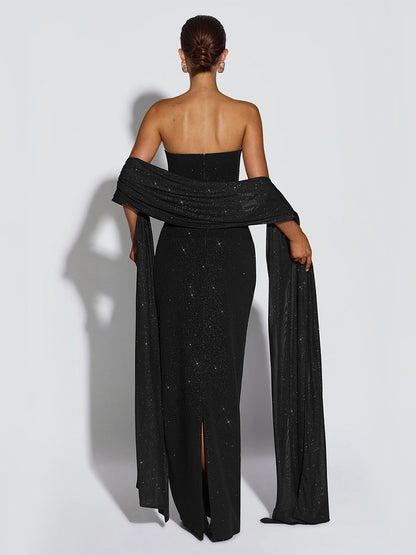 Glitter Tube Maxi Dress For Women - Sexy Backless Long Bodycon Gown With Scarf - Summer Evening Formal 2026