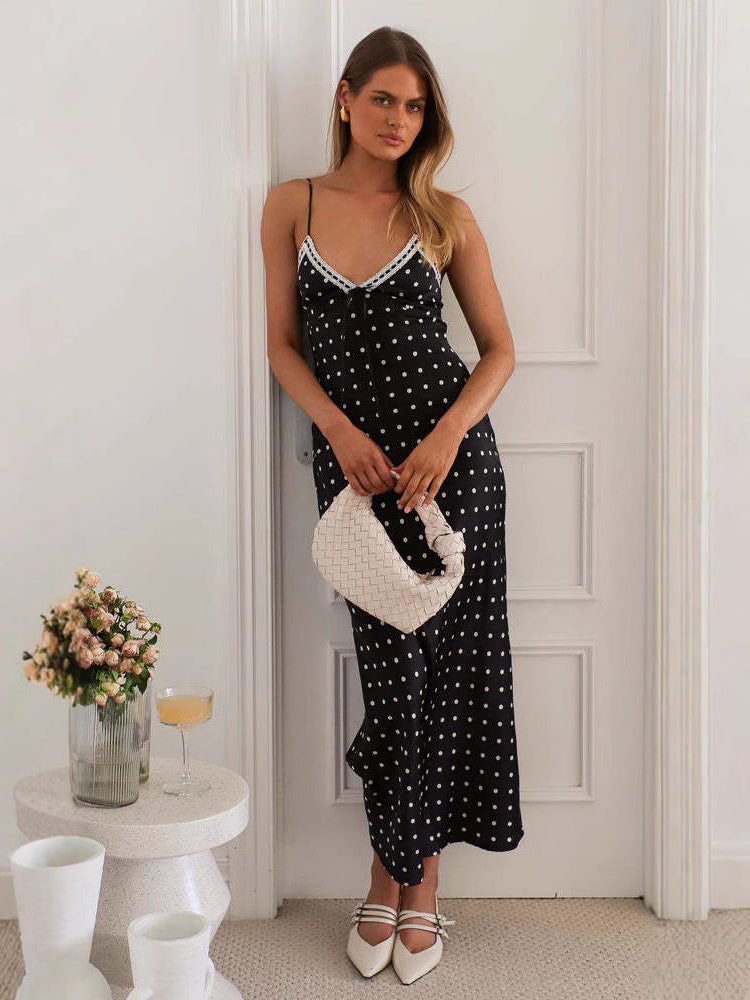 Polka Dot Cami Maxi Dress For Women - French Chic Lace Trim Tie Front Slim Slip Dress - Summer Picnic Party 2026