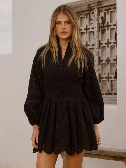 Eyelet Long Sleeve Mini Dress For Women - Boho Smocked Waist Flare Hem Skater Dress - Spring Beach Vacation 2026