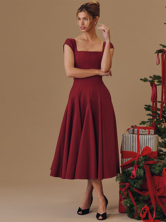 Elegant Square Neck A-Line Midi Dress For Women - Vintage Sleeveless Fit And Flare SunDress - Summer Wedding Guest Cocktail 2026