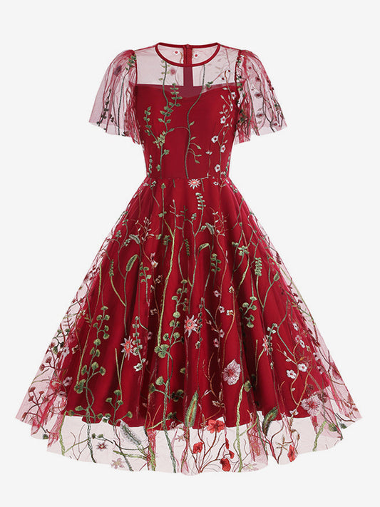 Vintage 1950s Floral Midi Dress For Women - Embroidery Mesh Short Flutter Sleeve A-Line Prom Dress - Summer Wedding Guest 2026