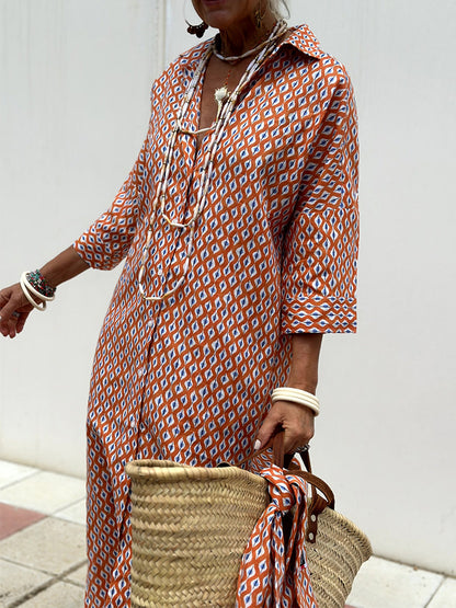 Printed Shirt Dress For Women - Casual Collared Button Down Tie Waist Midi Kaftan - Summer Beach Resort 2026