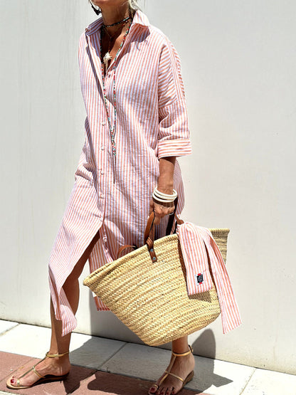 Printed Shirt Dress For Women - Casual Collared Button Down Tie Waist Midi Kaftan - Summer Beach Resort 2026