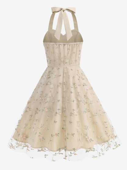Vintage 1950s Floral Midi Dress For Women - Halter Neck Mesh Embroidery A-Line Sundress - Spring Garden Wedding Guest 2026