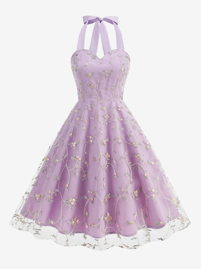 Vintage 1950s Floral Midi Dress For Women - Halter Neck Mesh Embroidery A-Line Sundress - Spring Garden Wedding Guest 2026